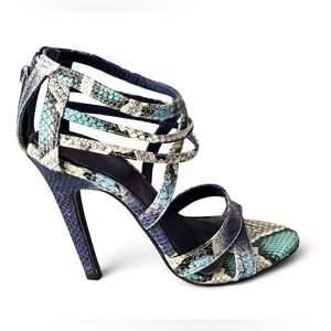 Snakeskin Print Strappy Stiletto Heels Blue Green Open Toe Women’s 5.5